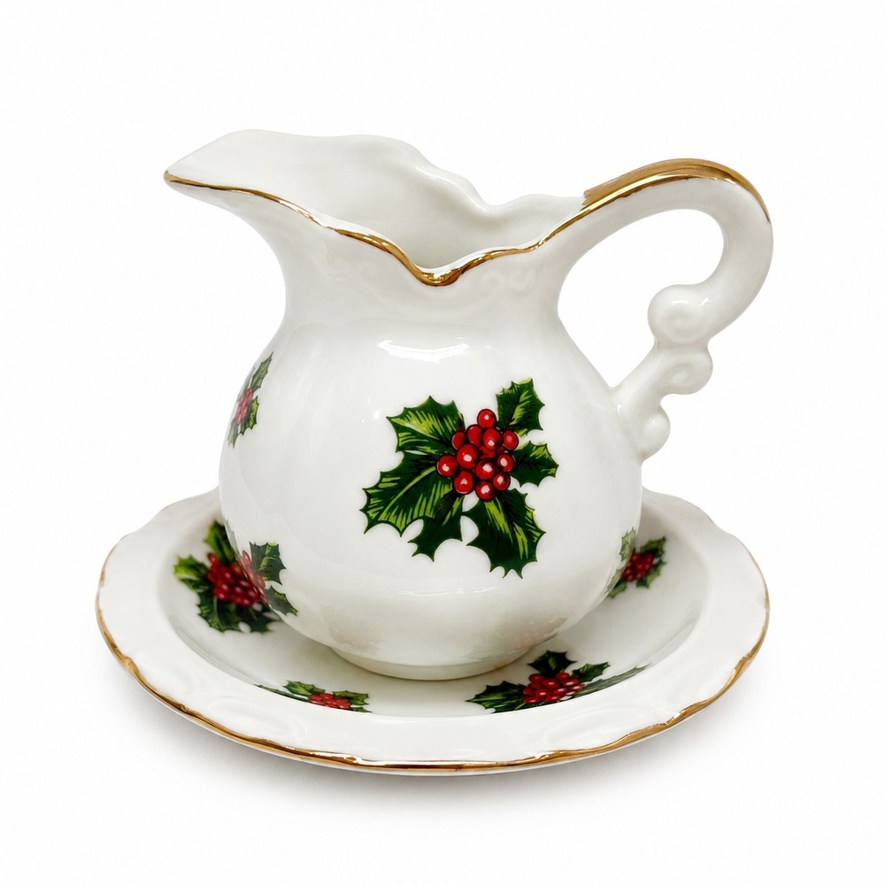 VTG Christmas Holly Creamer & Underplate Set Japan Gold Accents  Lefton China
